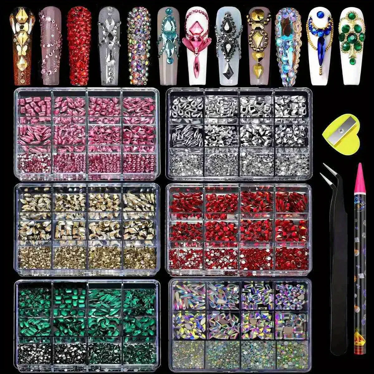 

3Pcs/lot 12 Grid 3D Nail Art Alloy Gem Rhinestone Jewelry Charms Heart Crystal Jewelry Stones Supplies For Nails Manicure