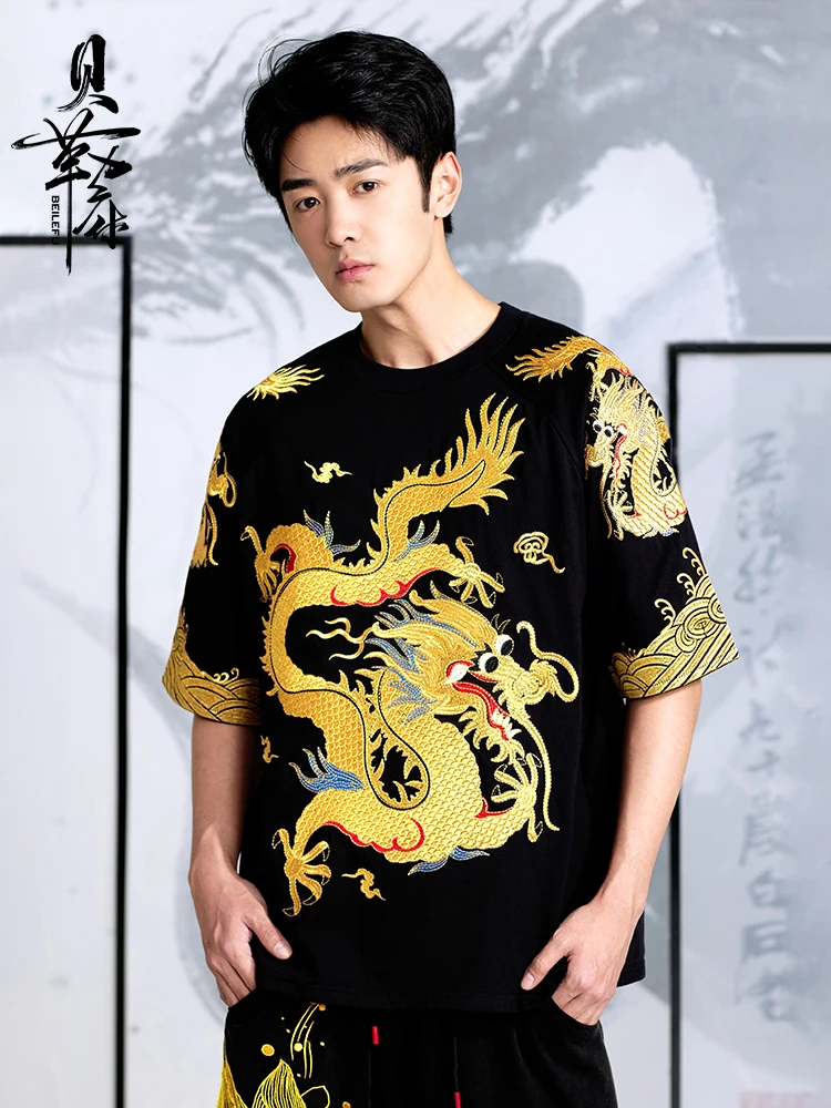 Chinese Style Men's Gold Dragon Robe Embroidery T Shirt Man Emperor National Trend Short Sleeves Black