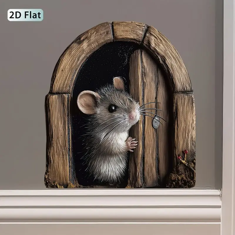 VIKAMA Retro Wooden Door Probe Mouse Wall Sticker, Self-Adhesive Creative 3D Sticker for Living Room Entrance Decor