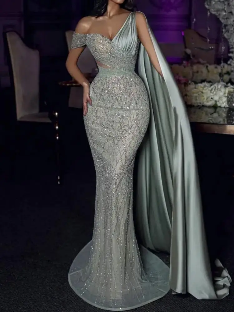 

Gorgeous Luxury Mermaid Evening Dresses 2024 One Shoulder Sequin Beading Floor Length Women Formal Gown Prom Wedding Party Gown