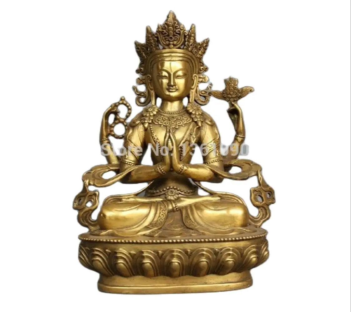 

China Tibet Bronze 4 Arms Kwan-yin Chenrizg Buddha Statue 20CM