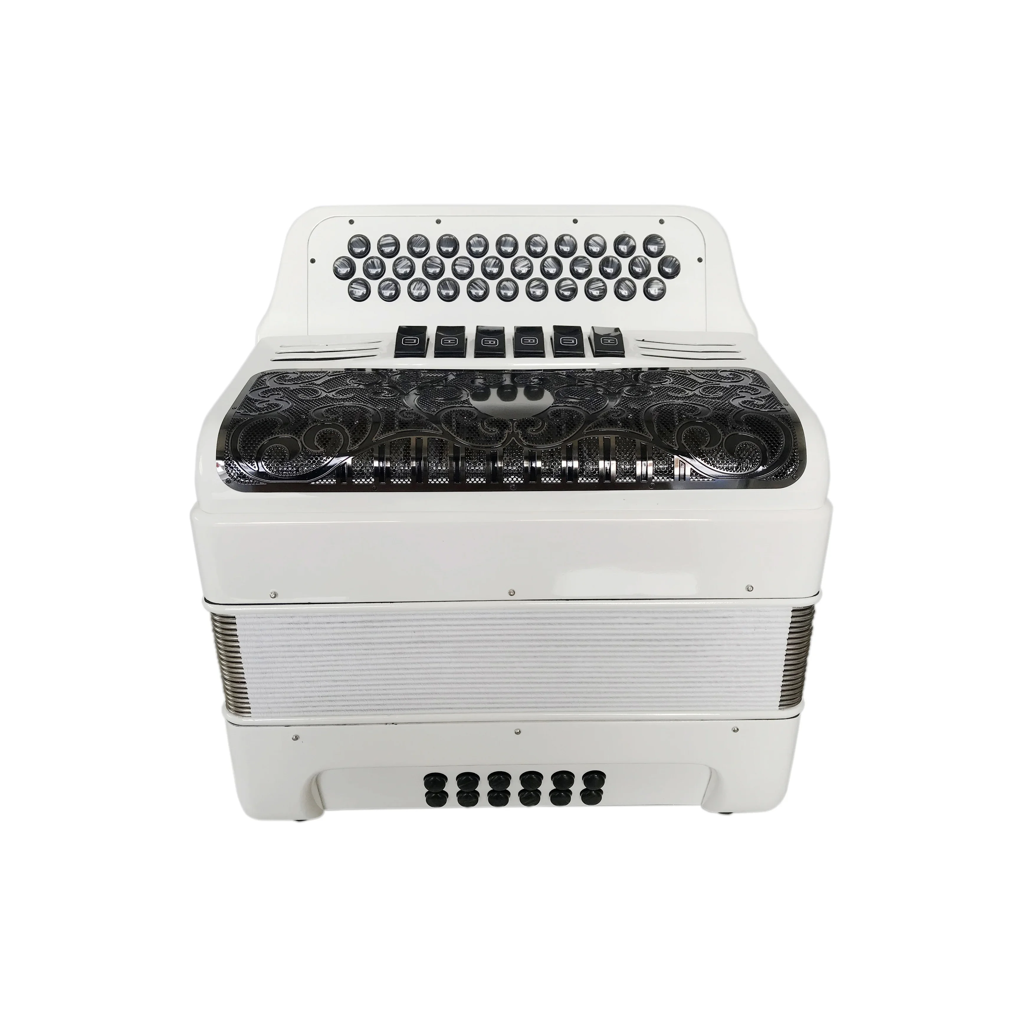 

Высококачественный аккордеон JB3412E, 34 кнопки, 12 басов, 6 регистров, белый матовый корпус, черный гриль, черные кнопки