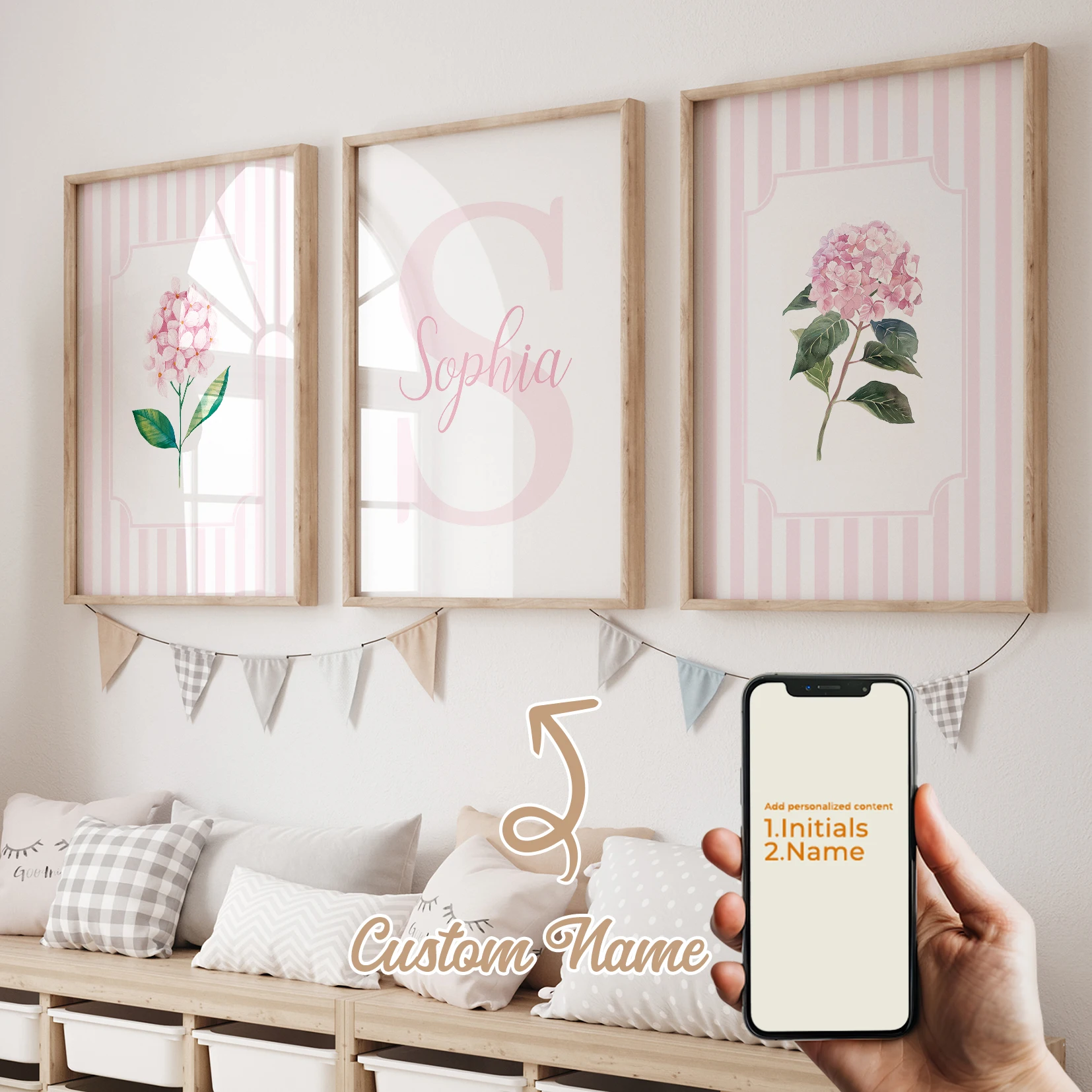3 Stück personalisierte benutzerdefinierte Namens-Cartoon-Wandkunstdrucke mit rosa Blumen, Leinwandposter, Gemälde für Wohnzimmer, Heimdekoration