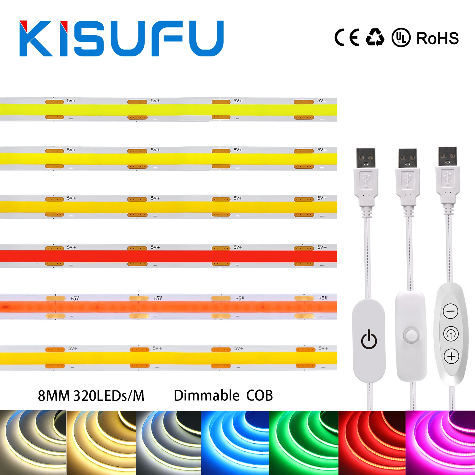 

5V COB LED Light Strip With Touch Dimmer/ON OFF Switch/3Key Dimmer 320LEDs/M High Density LED Lamp Room Bar TV Backlight 9Colors