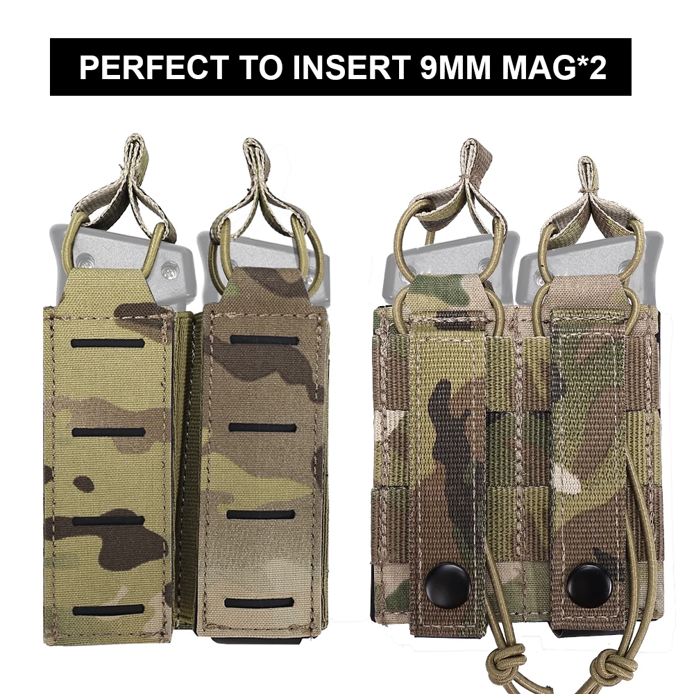 Tactical Double Pistol MAG Pouch 9mm Magazine Holder For Belt MOLLE Laser Cut Elastic Bungee Cord Retention Hunting