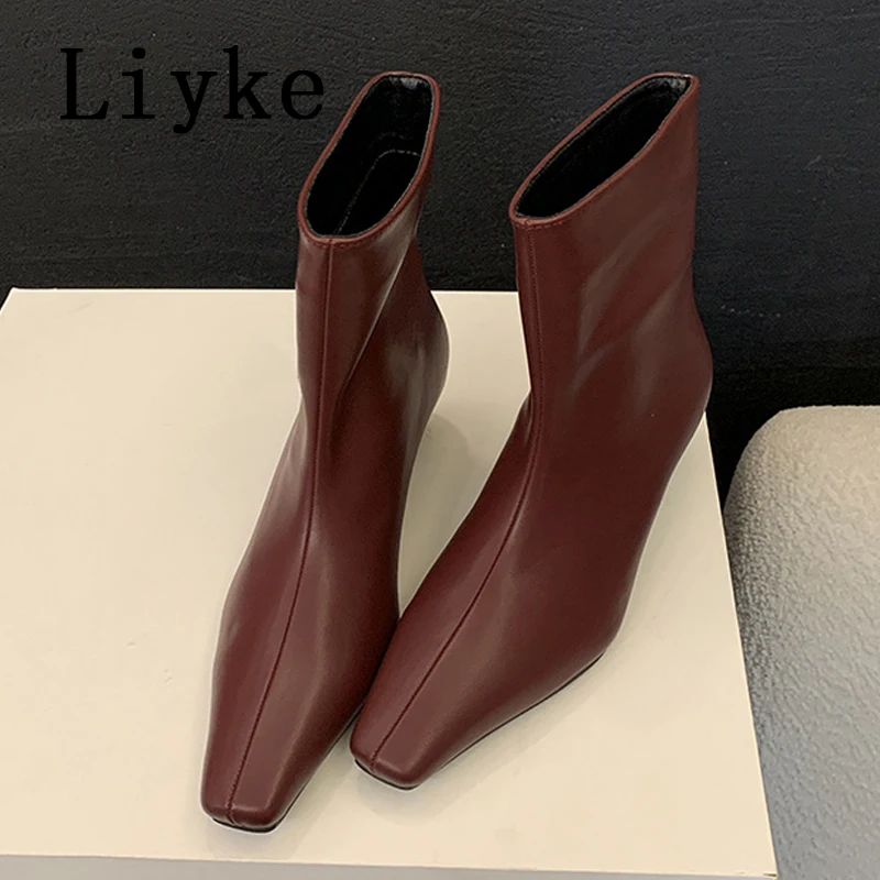 Liyke Autumn Winter PU Leather Ankle Boots Women Fashion Square Toe Short Booties Female Low ThicK Heels Party Shoes Size 35-40