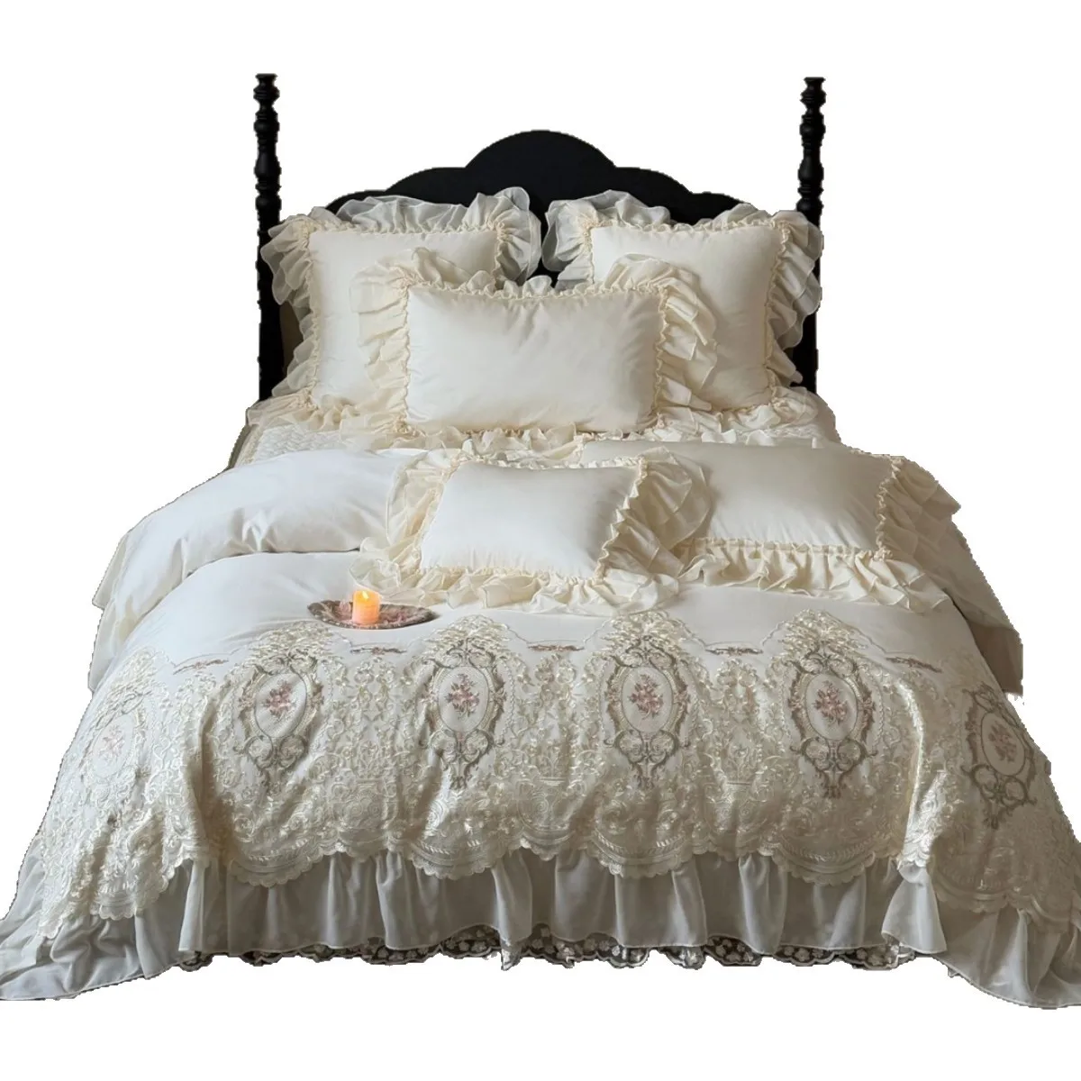 Premium light luxury lace lotus leaf lace princess wind long-staple cotton four-piece set bed cover sheets are beautiful