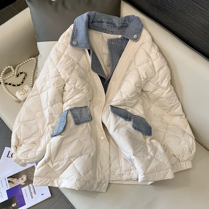 

Women Denim Stitching Down Jacket 2022 New Fashion Patchwork Slim Warm Puffer Coats Female Fake Two Piece Rhombus Winter Coat