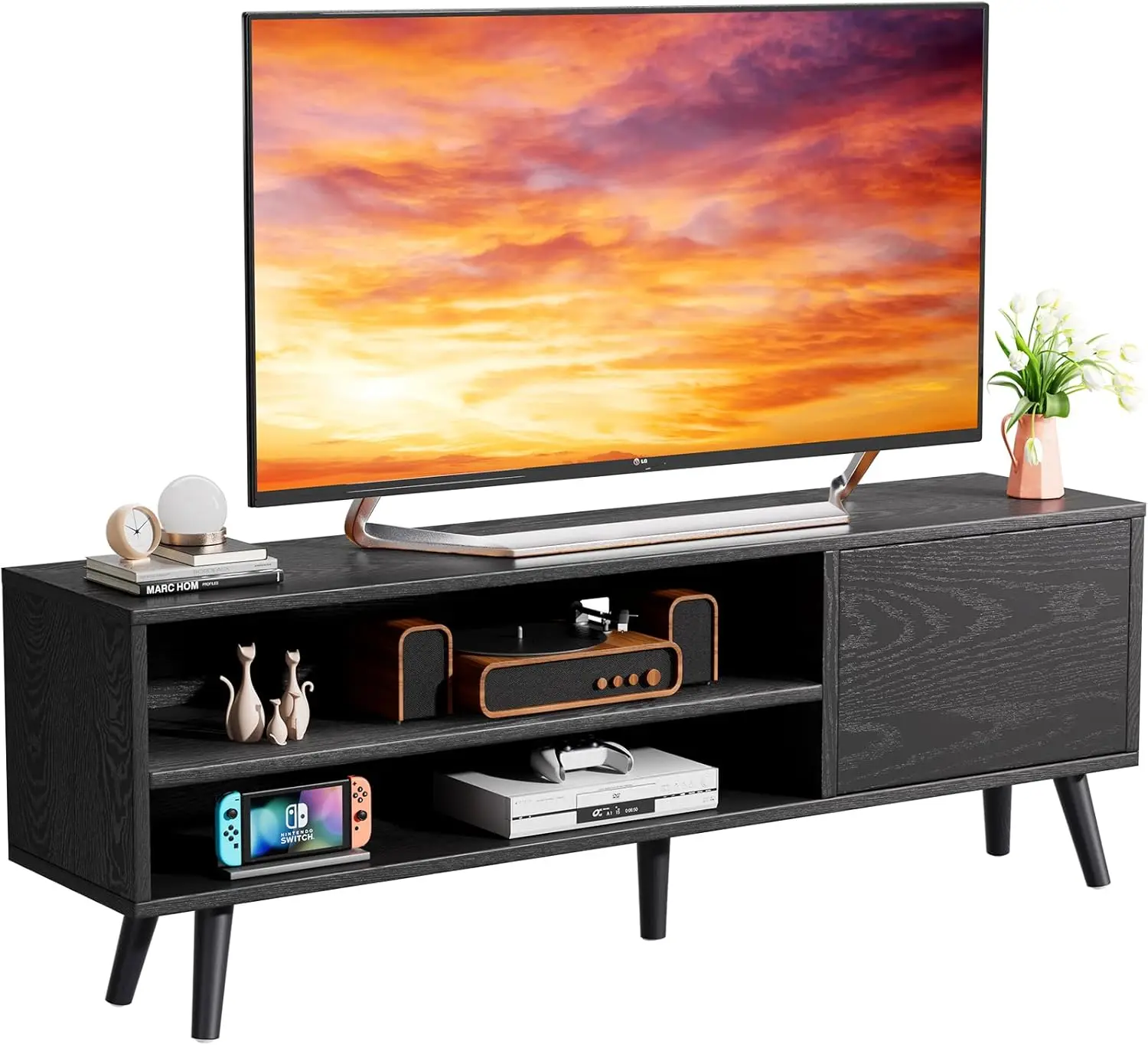 

TV Console Table with Storage for TV up to 70 in, Black Stand for Media Cable Box Gaming Consoles, Modern Stand