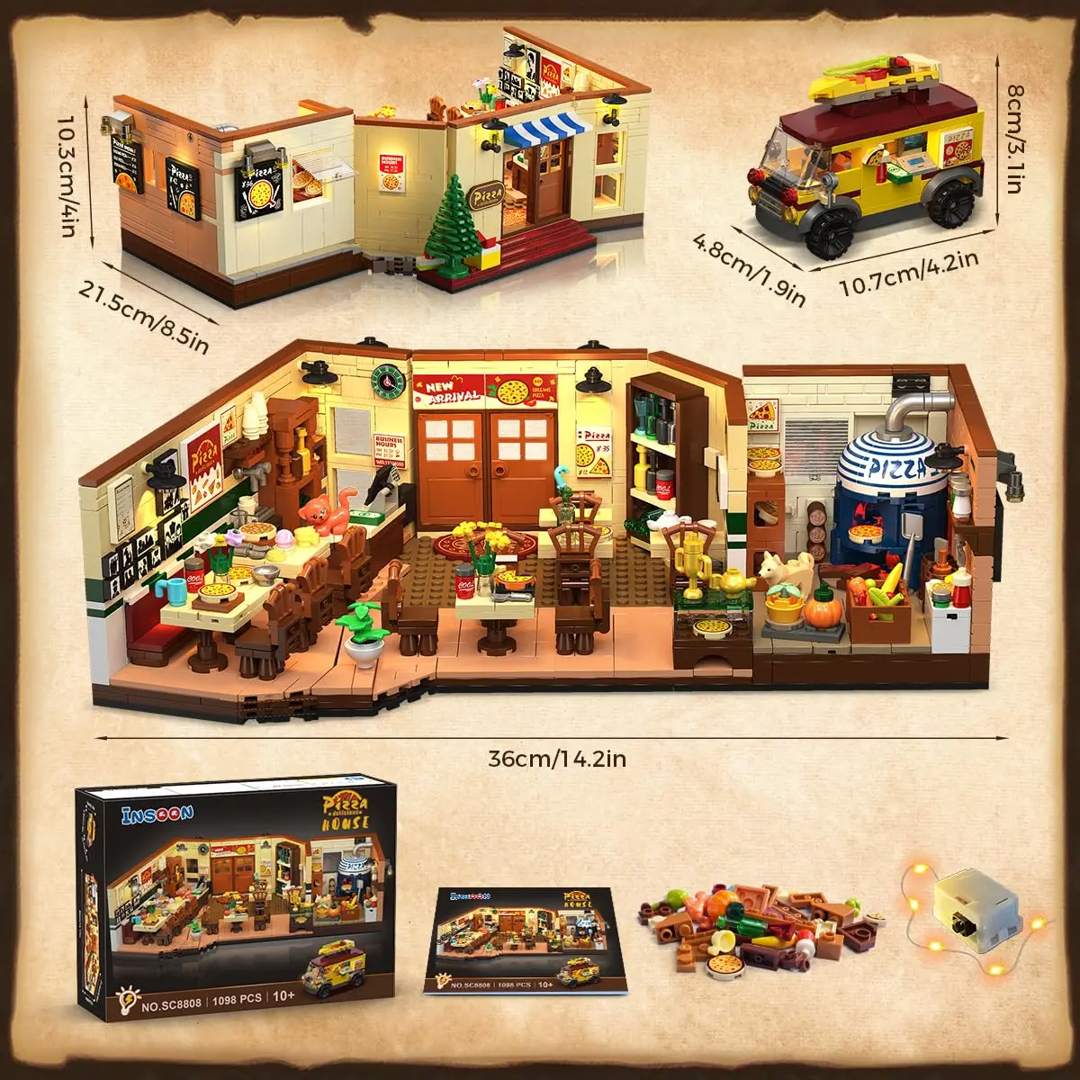 مجموعة بناء مطعم بيتزا ستريت مع منزل LED مع ديكور منزلي ريترو فان هدية مكعبات بناء للبالغين والمراهقين #5