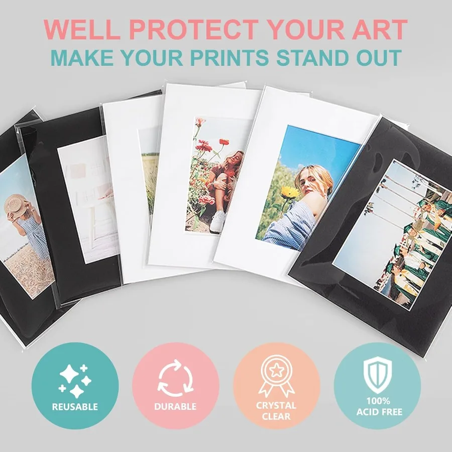 ซองใส่ภาพแบบไม่มีกรด 100 ชิ้น ถุงเก็บภาพใสสำหรับภาพพิมพ์งานศิลปะขนาด 5x7 นิ้ว รูปภาพ และแผ่นรองกรอบ เหมาะสำหรับการปกป้อง