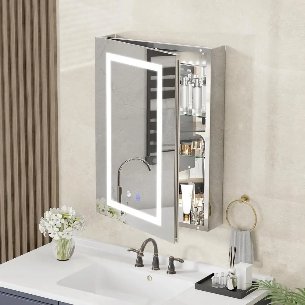 

20 x 28 LED-Illuminated Medicine Cabinet with Recessed or Wall Mount Option, 1760W Dual Sockets, USB Ports, 3-Color Dimming Ligh