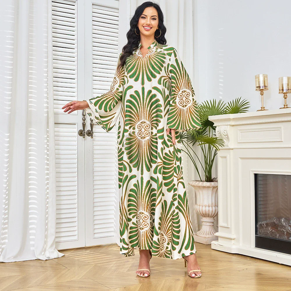 Middle Eastern Robe Muslim Luxury Fashion Robe Women's Long Dress Printed Diamond Dubai Dress Tourism Party Islamic Dress