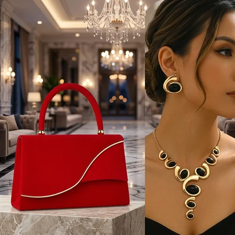 3PC Set,Stylish Luxurious Business Casual Party Travel Boutique 1pc Women's Fashion Jewelry Long Y-shaped Necklace Choker,and 1Pair Stud Earrings,1P Elegant Minimalist Dinner Handbag,Shoulder Pouch,evening bag,Tote Bag for Weddings,Proms,Galas Gift