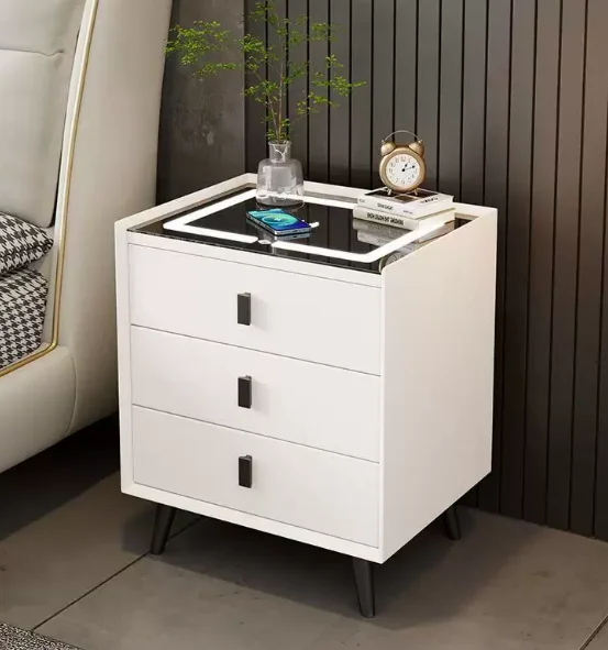 Modern Multifunctional Smart Nightstand MDF Bedside Table LED Light Wireless Charging USB Charging Fingerprint Lock