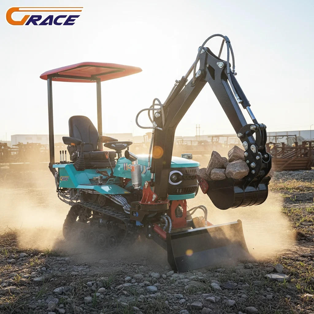 

Customize Multi-Function Mini Tractor with Trencher Attachment, Ditching Machine, Bulldozer Blade, Excavator for Agriculture