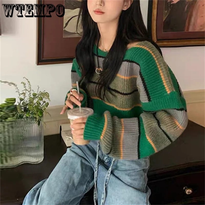 WTEMPO Women\'s Long Sleeve Knitwear Ladies Crop Sweater Striped Knitted Coat Fashion Sexy Short Colorblock Pullover Jumpers