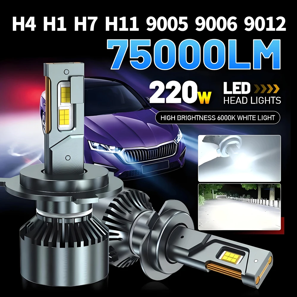 

2pcs H7 H4 H11 LED Headligh 220W High Power H1 H8 H9 HB4 HB3 9005 9006 9012 Turbo Lamp 6000K White Car Light