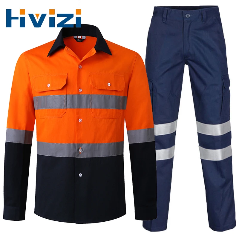 

2PCS Work Clothes Set Hi Vis Shirts and Pants Protective Safety Workwear Suit with Reflective Tape 100% Cotton Long Sleeve