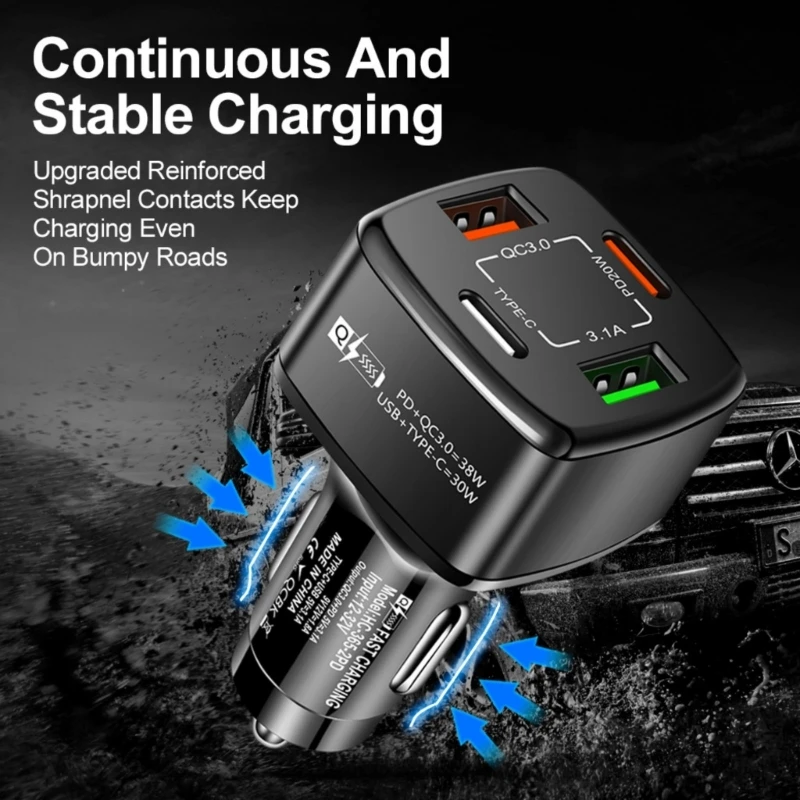 Carregador carro 4 portas USB C tipo C velocidade rápida compatível com a maioria carros