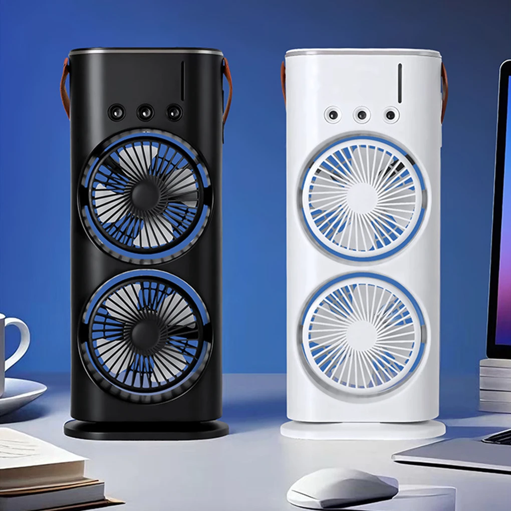 Double-Headed Spray Air Conditioner Fan 3 Speeds Rechargeable USB Desk Air Cooler Night Light for Office Home