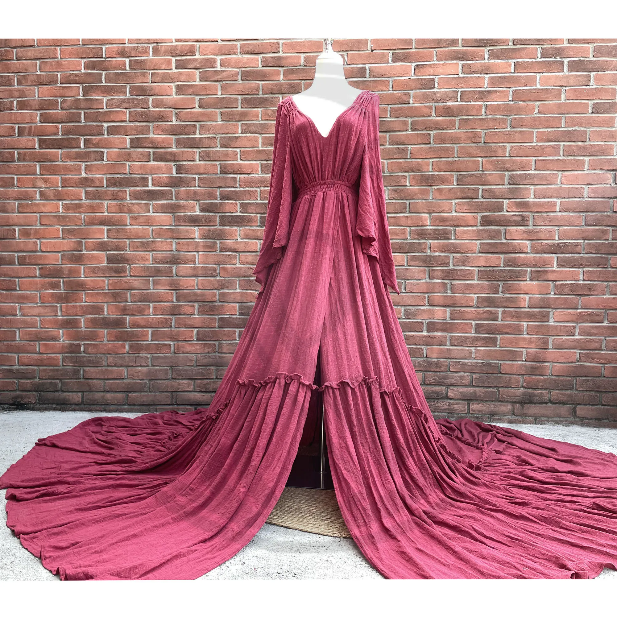 Photo Shoot Dress for Pregnant Women Prop Cotton Deep V Ruffle Sleeves Robe Evening Party Costume for Photography Accessories