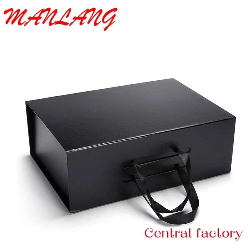 Custom  Custom Branding Matte Black Magnetic Closure Paper Gift Box For Garments Ribbon Handle Rectangular Folding Clothing Pack