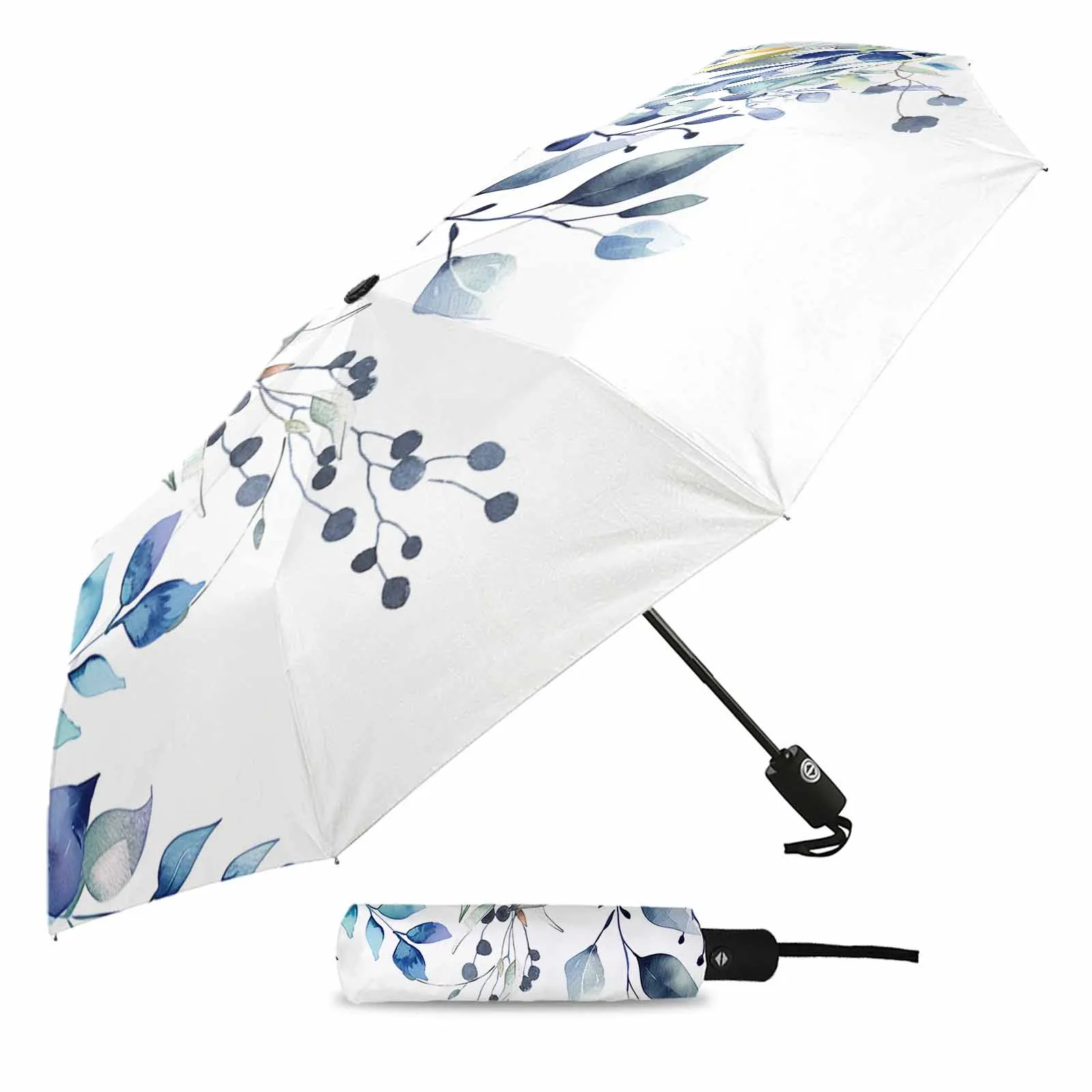 Wildflowers Flowers Blue Leaves Flower Automatic Umbrella for Rain Foldable Parasol Umbrella Eight strand Outdoor Umbrellas