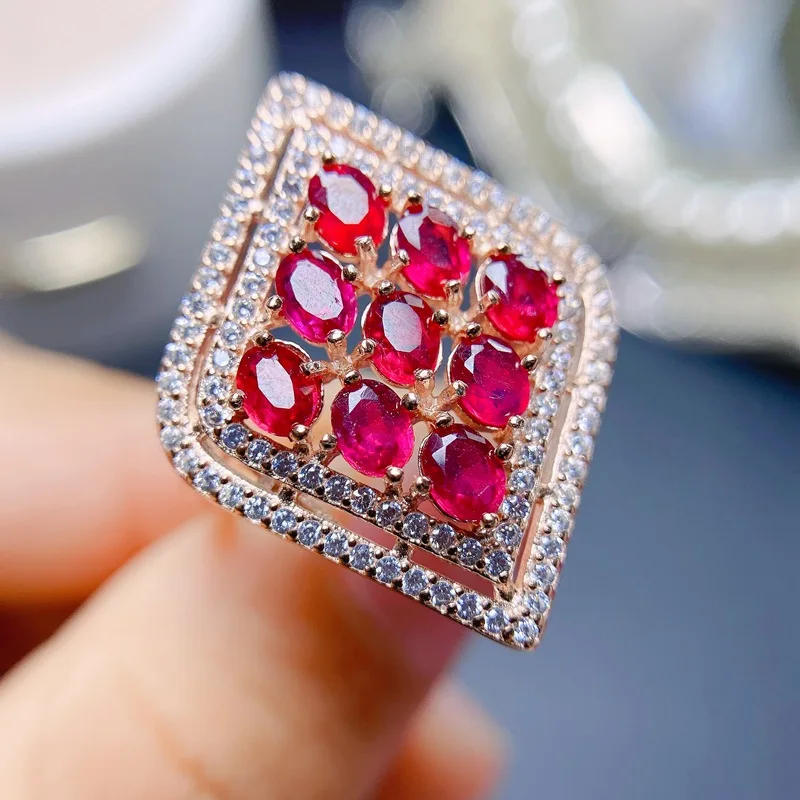 S925 Silver Rose Gold Plated Natural Heated Ruby Jewelry Set,3*4mm Gemstone Necklace & Ring Gift for Women
