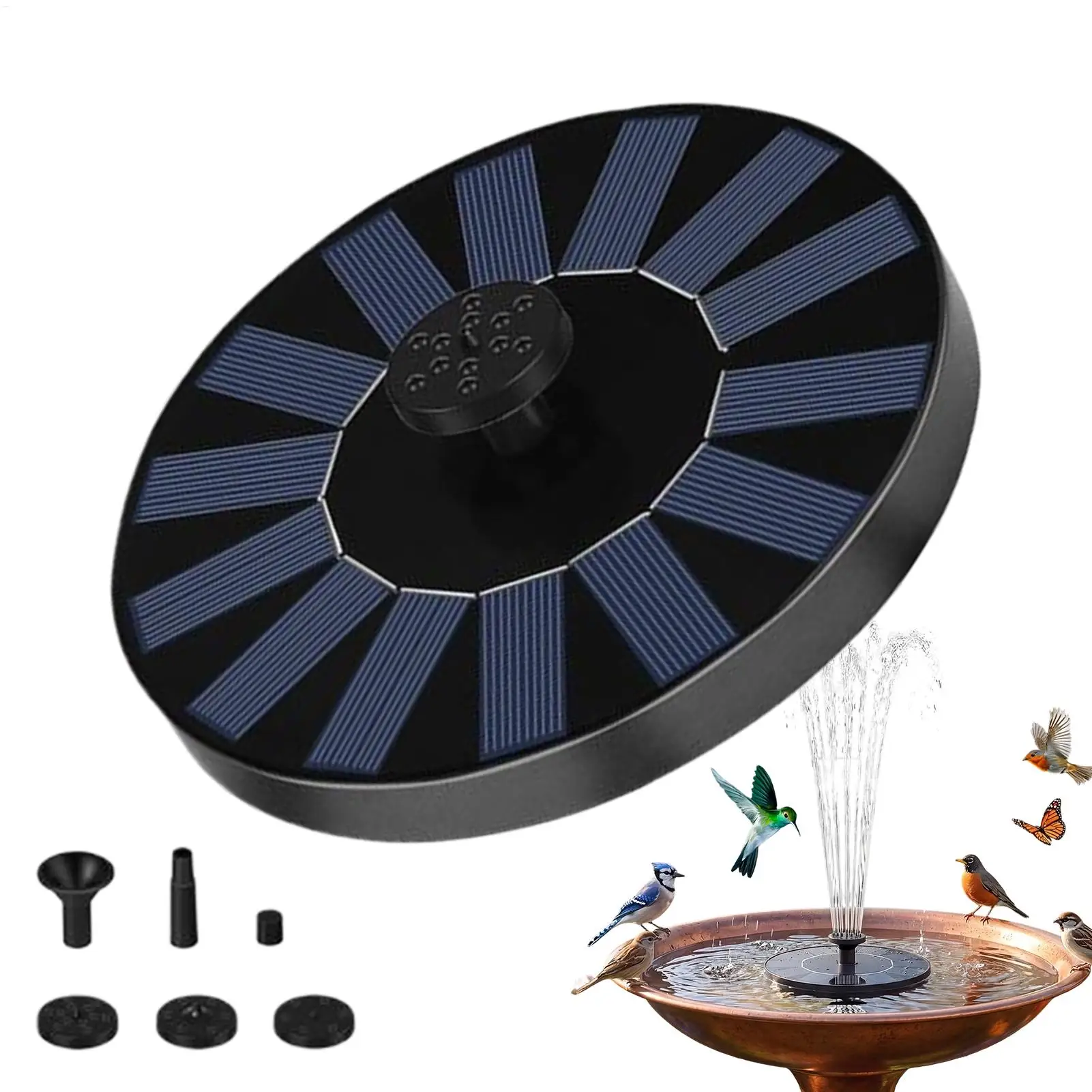 Garden Solar Fountain with Multiple Nozzles Solar-Powered Bird Bath Fountain Pump Stand-Alone Floating Solar Water Pump 13/16/18