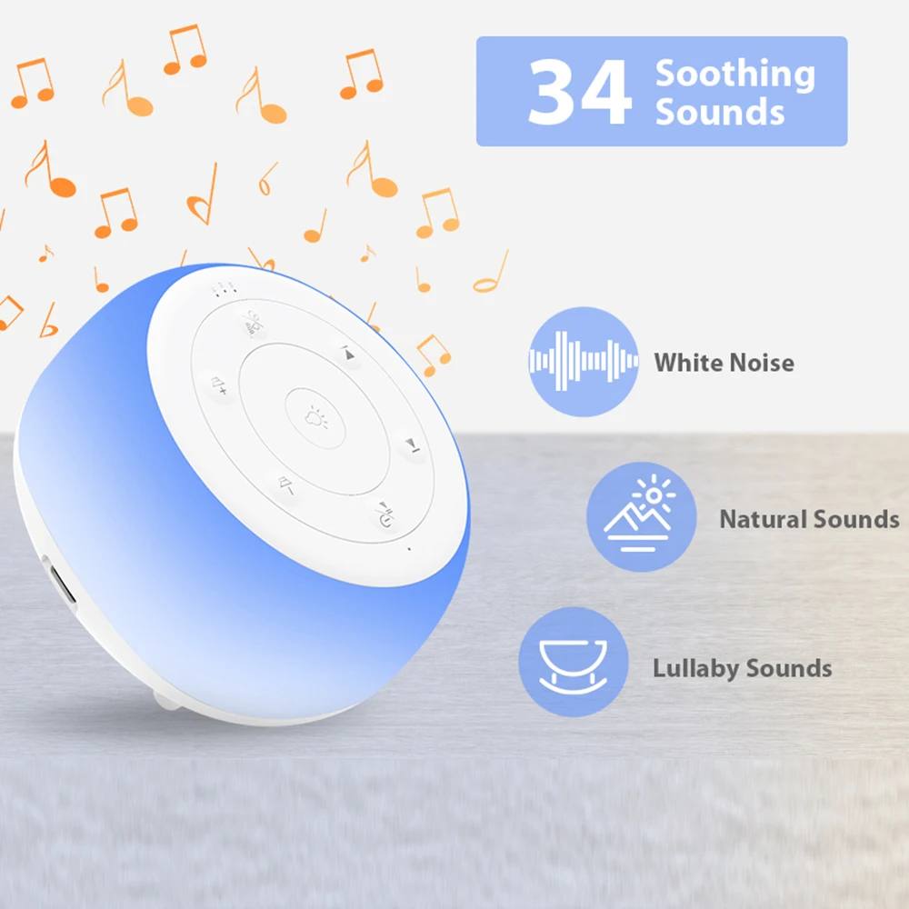 MBZ203 White Noise Machine Sleep Sound Machine for Baby Sleep Soother 7 Colors Night Lights 34 Soothing Sounds Adjustable Timer