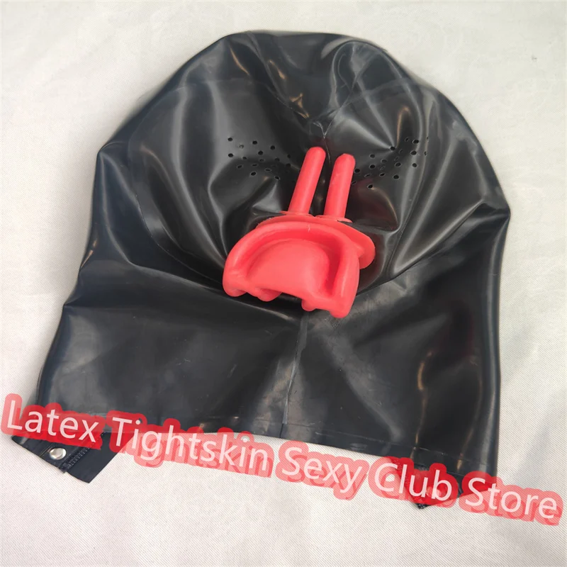 Latex Hood Rubber Masks Black with Transparent Black Sexy Fetish Short Nose Tube Gag Headgear Cosplay Costumes for Men Women