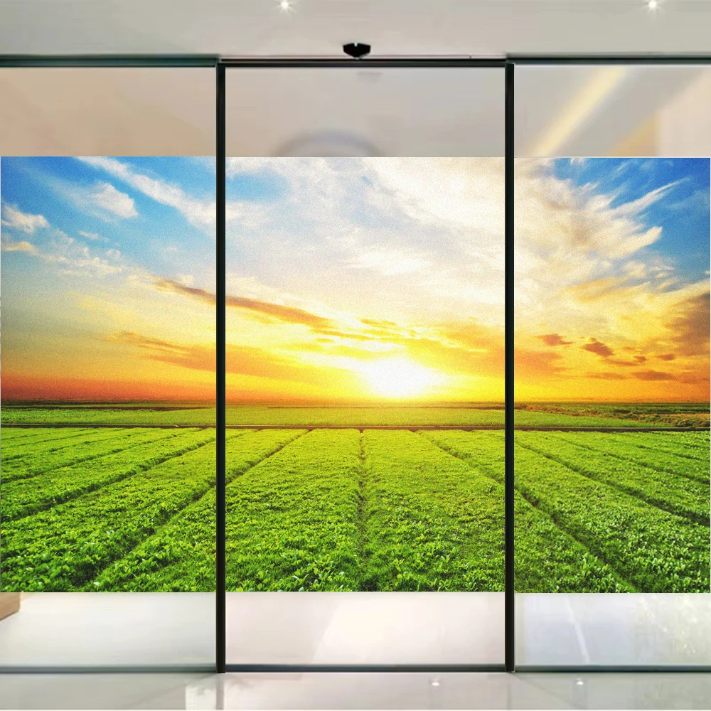 

Privacy Stained Window Film Greenbelt and Sunset Pattern Frosted Sun Blocking Glass Film Non-Glue Static for Glass Door Film