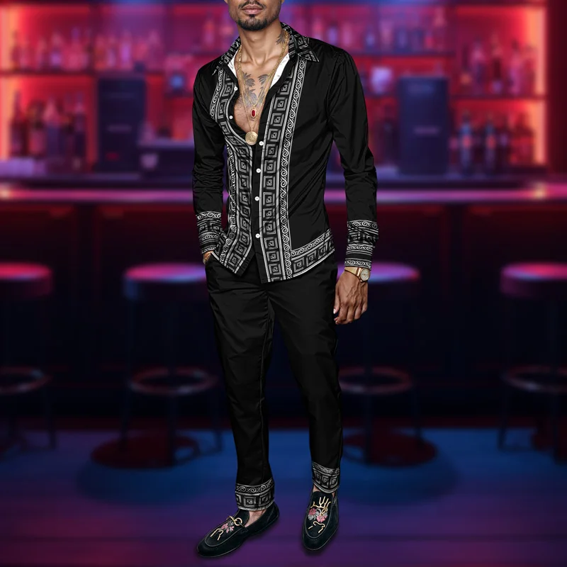 Spring Summer Men Shirt Set Brand Print Fashion Printing 2 Piece Set Light Luxury Lightweight Party Long Sleeves Ropa Hombre