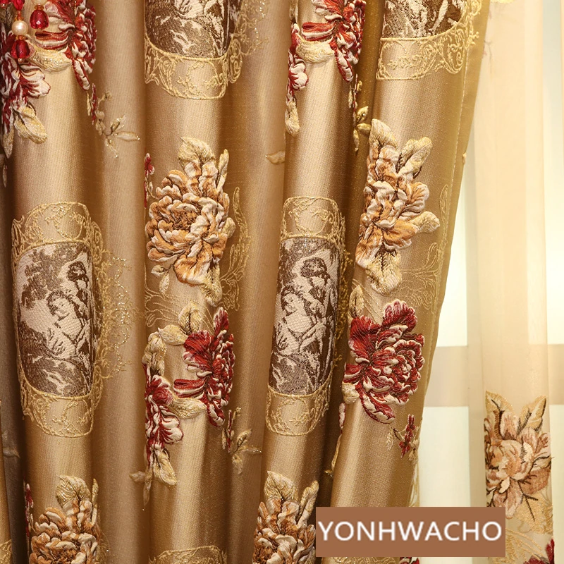 Custom high-grade high precision jacquard European living room brown  cloth blackout curtain tulle valance drape C1622