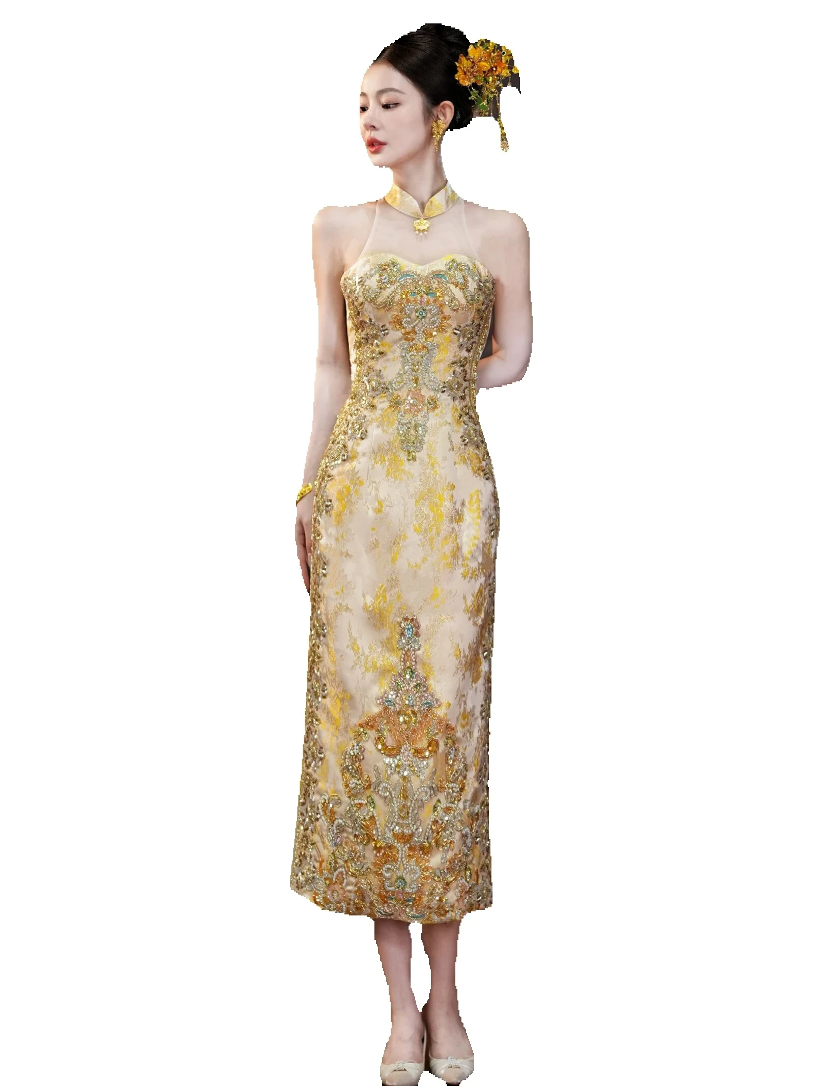 Oriental Champagne Gold Attire Engagement Garment Xiuhe Costume Chinese Bridal Banquet Wedding Cheongsam Classic Dress TP114