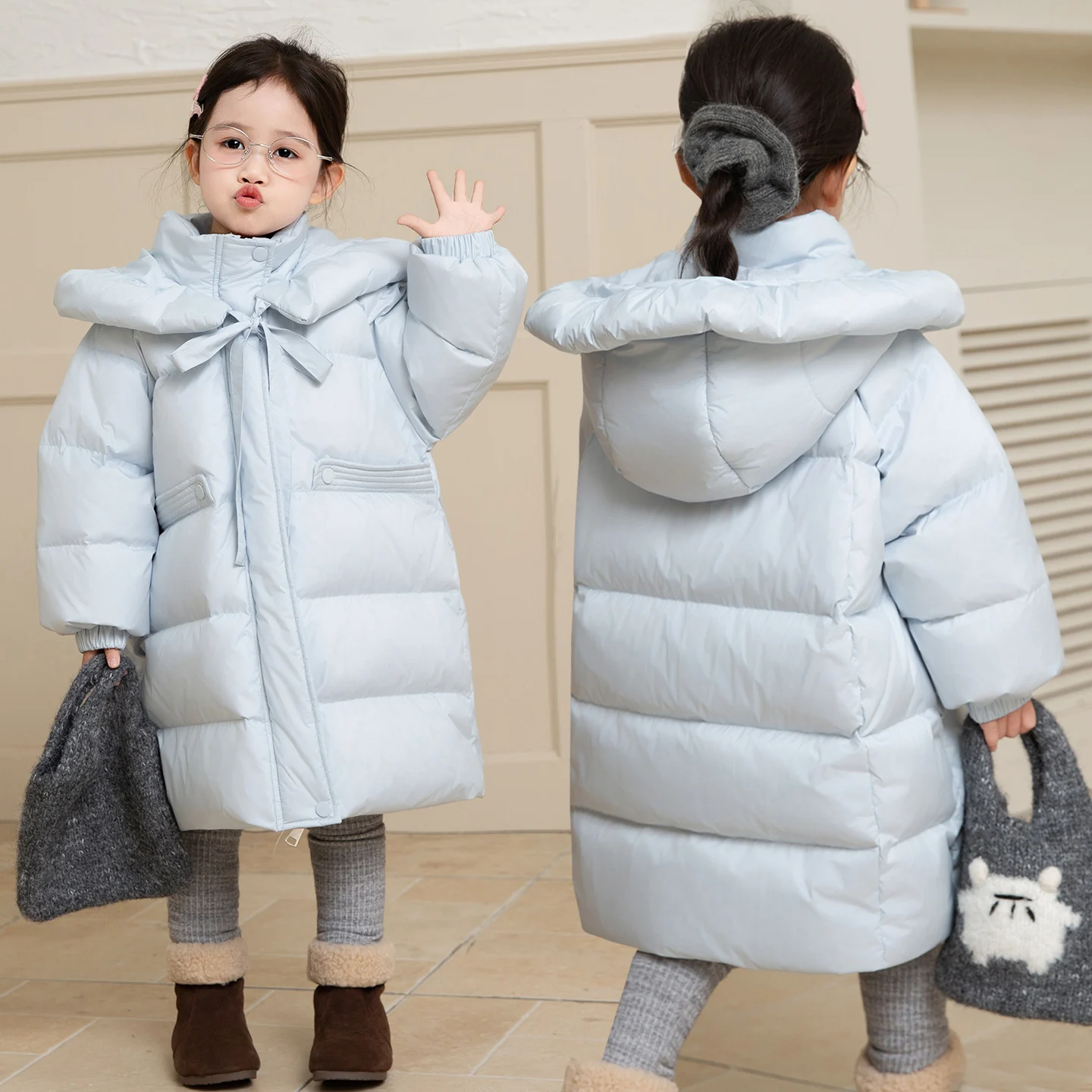 2-11Y الفتيات طويلة الوردي الأسود الأزرق أسفل سترة قطن الشتاء مقنعين الخصر Cinching الحلو بلون لطيف كليب على معطف دافئ القطن