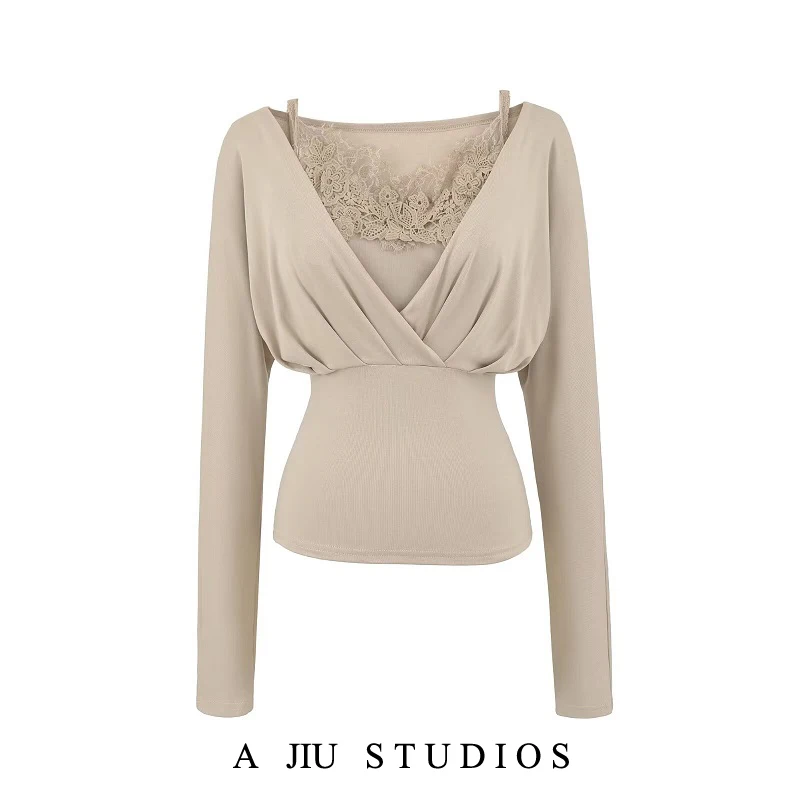 Setelan Wanita Musim Gugur Pure Desire Sle Long Sve T-irt, Atasan Vest Tali dengan Patchwork Renda, Setelan Dua Potong Desain V-Neck