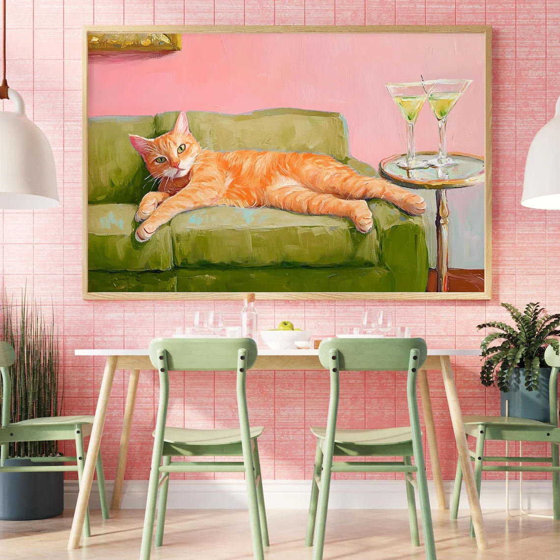 Trendige orangefarbene Katzen-Couch-Kunst, lustiger roter Katzen-Martini-Druck, schrulliges, skurriler Poster, Cocktail-Bar-Wagen-Kunst, süße Katze, Wandkunst, Vintage