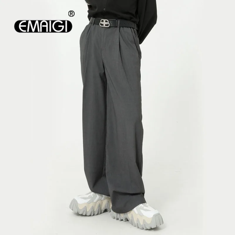 Men Casual Straight Wide Leg Suit Pant Male Japan Korea Style Fashion Vintage Streetwear Pant Black Gray Long Trousers