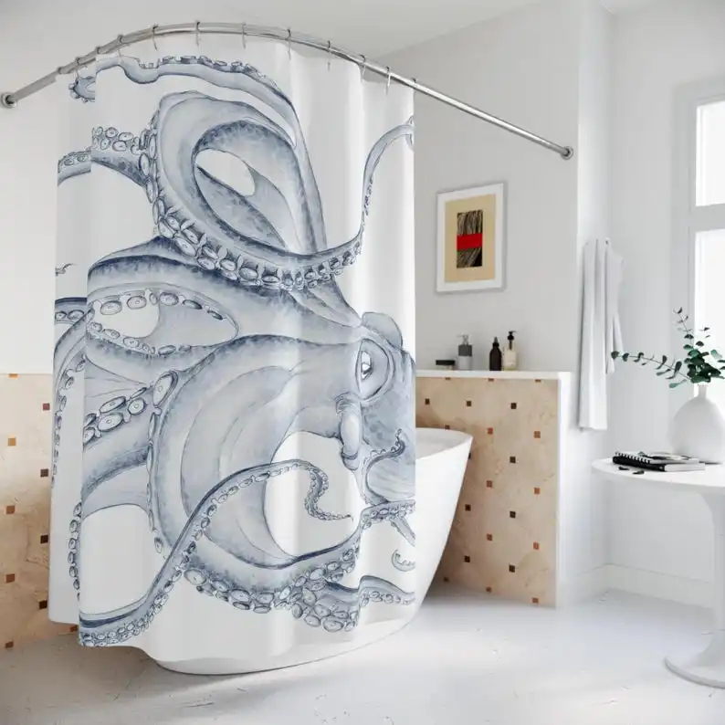 

Занавеска для душа с щупальцами осьминога — морское искусство Крикен, дизайн с монохромными чернилами, современный декор для ванной комнаты с океаном