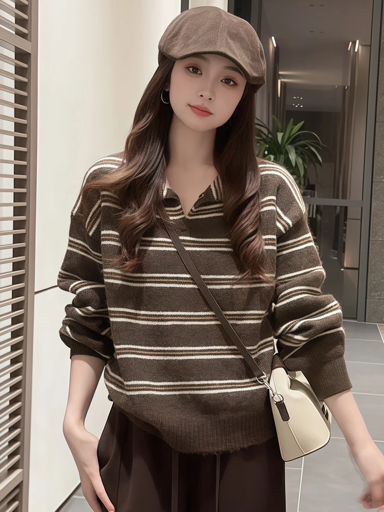 

Casual Striped Sweater High Waist Wide Leg Pants Two Piece Set Women's Autumn 2025 New Lazy Design Sense Faion Set