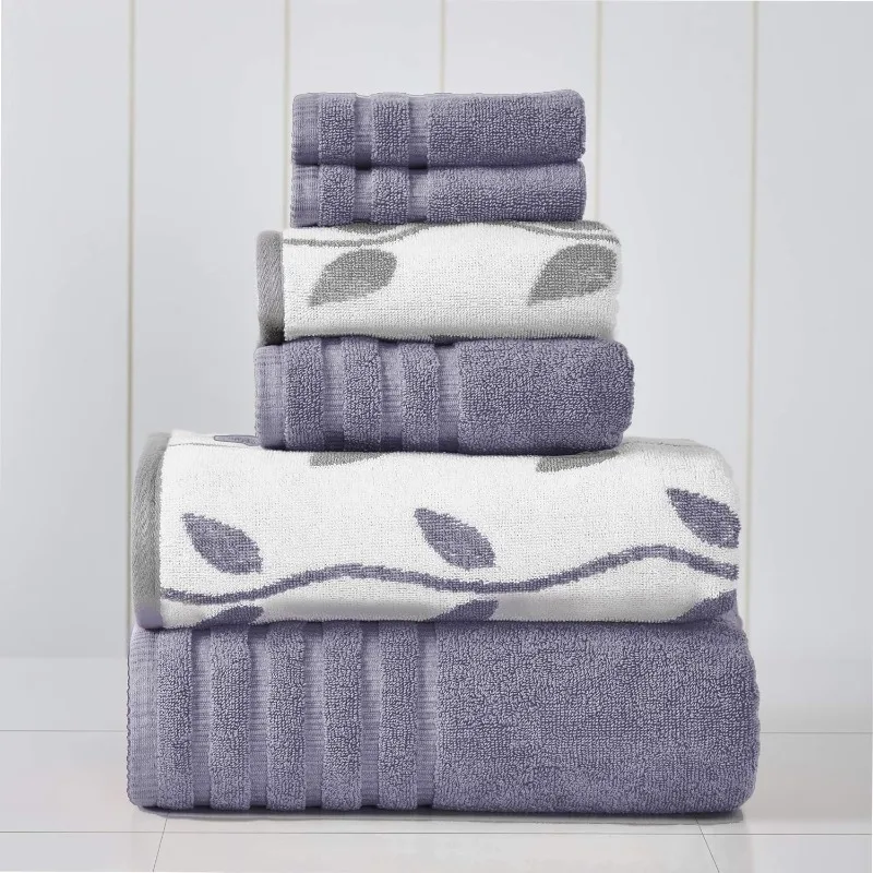 Modern Threads 6-Piece Yarn Dyed Organic Vines Jacquard/Solid Ultra Soft 500GSM  Combed Cotton Towel Set [Grey Lavender]