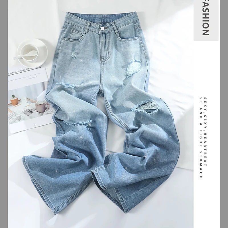 Gradientowe niebieskie jeansy z dziurami dla kobiet 2025 Summer High Waist Straight Loose Denim Pants Shiny Diamond Girls Wide Leg Pants