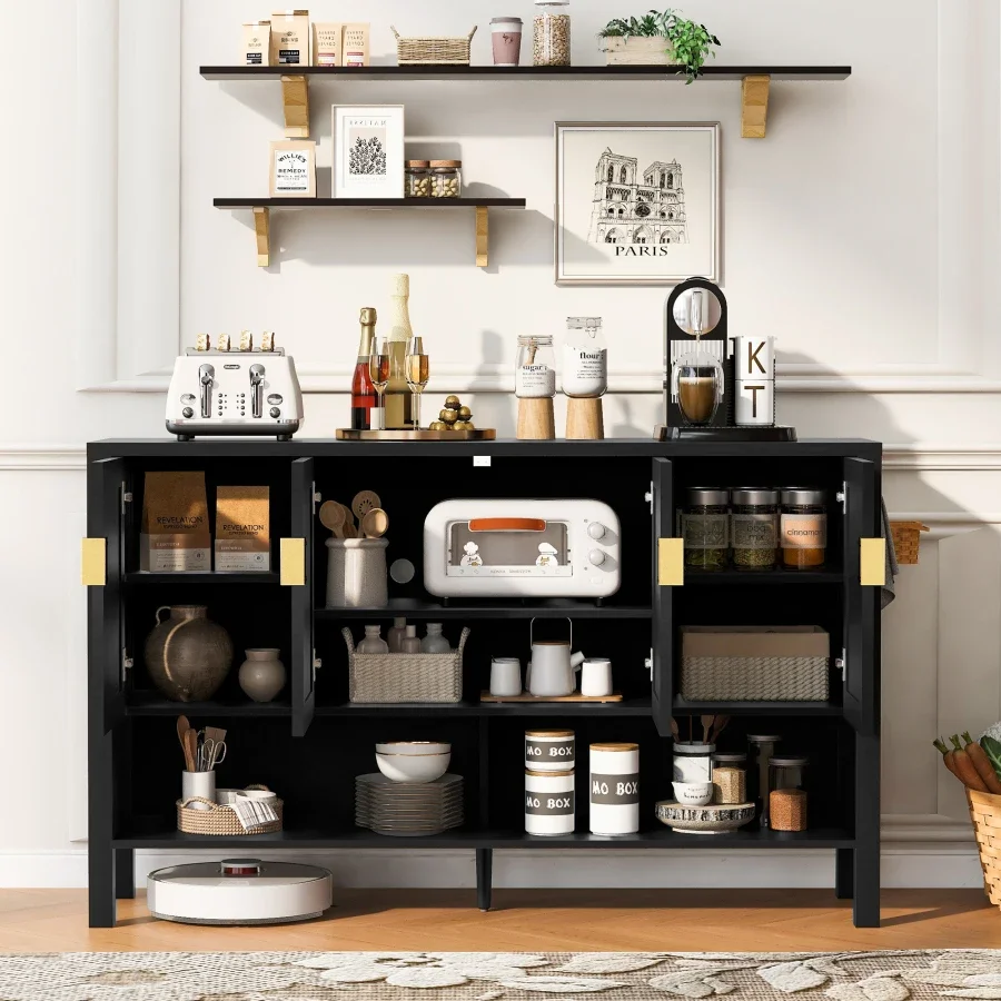 U_STYLE 55.1''Storage Sideboard with 4-Doors, Multi Functional Buffet with Open Shelf and 2-Tiers Adjustable Shelves, Modern Ca