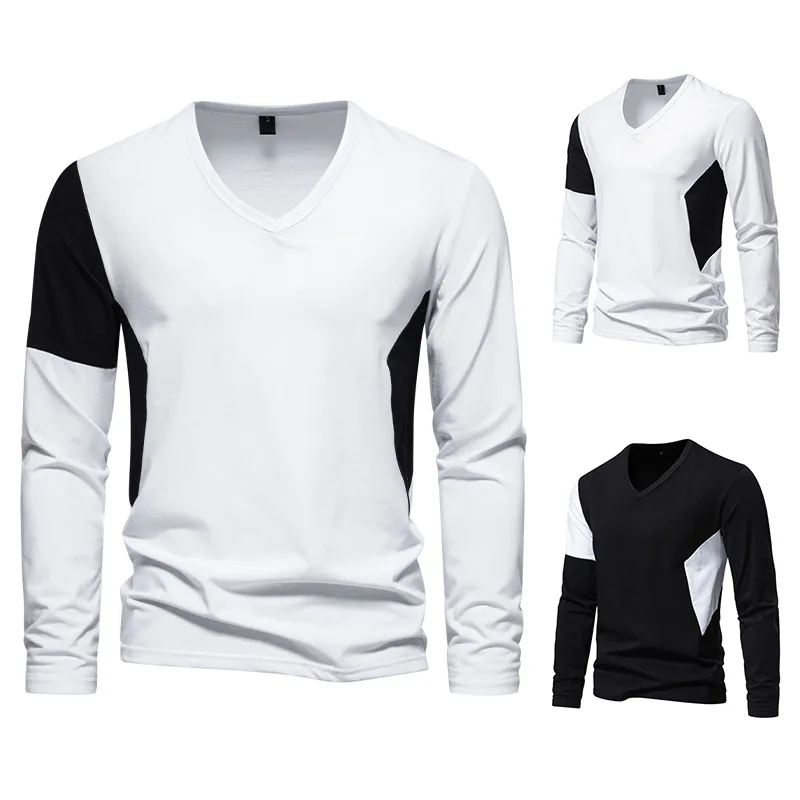 Spring and Autumn New Model Men's V-Neck Long Sleeve British Style T-Shirt Top Trendy D28