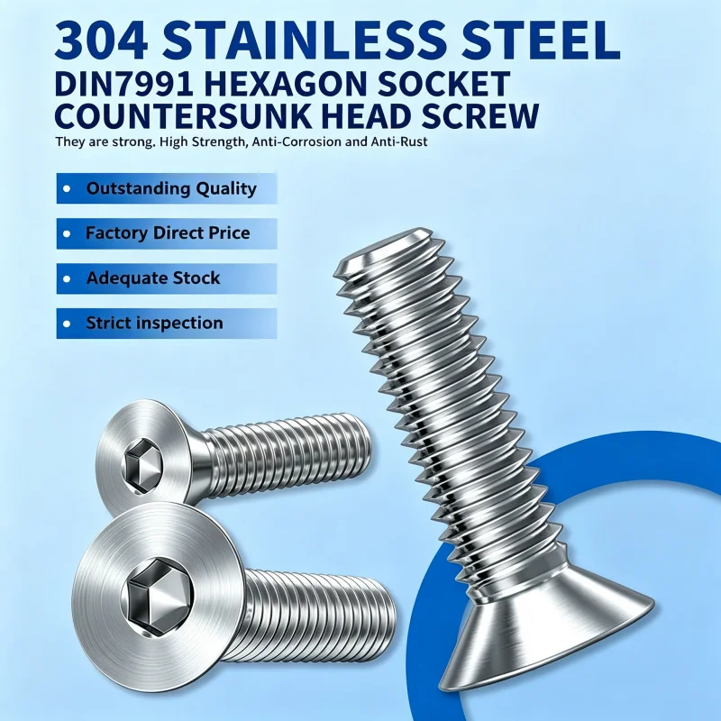304 Stainless Steel Flat Countersunk Hex Socket Screw DIN7991 M3 M4 M5 M6 M8 Allen Head Machine Bolt  DIY Hardware Fastener