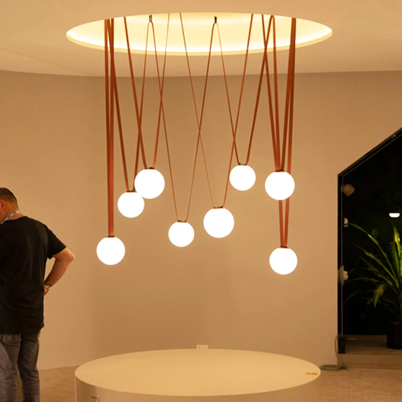 2026 Plusminus Pendant Light Trendy Glass Ball Lights Black Orange Long Belt LED Leather Lights Indoor Dinning Room Stair Lighti