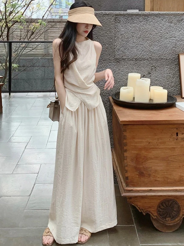 

Fashionable Slimming Summer Outfit Women's Sleeveless Top Wide Leg Pants Two Piece Set Elegant Design Cotton round Neck