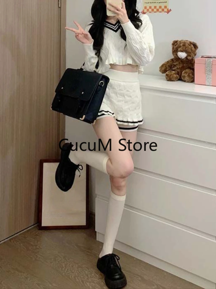 Korean Fashion Y2k 2 Piece Set Woman Casual Knitting Sweater Tops + Slim Bodycon Mini Skirts Elegant Solid Suit Office Lady Chic